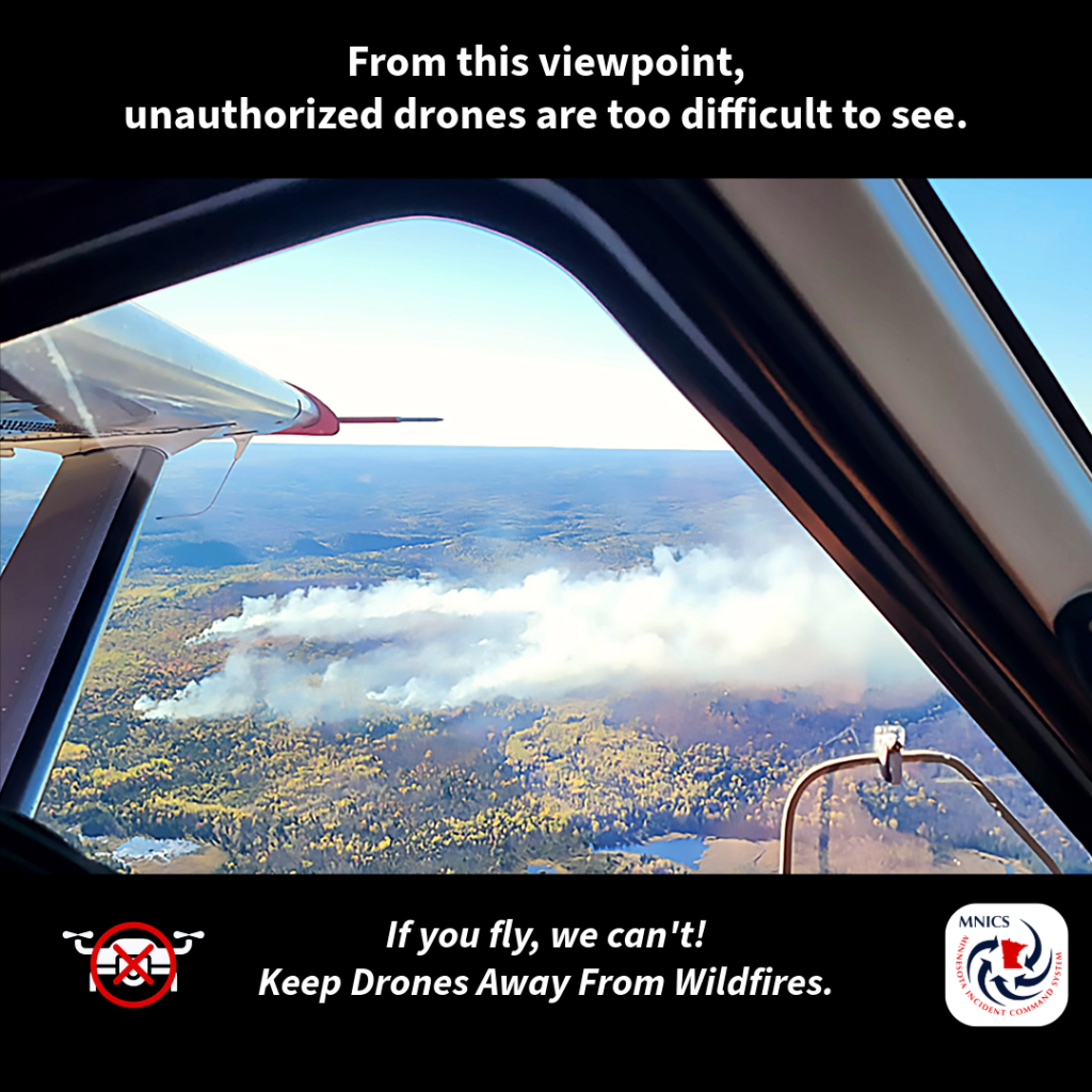Infographic with a black background, white text and an image of a wildfire with white smoke rise above the trees from a small airplane window.