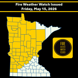 Infographic image of a Minnesota county boundary map with fire weather watch area shaded yellow and yellow fire weather watch issued image all set in front of a black background.