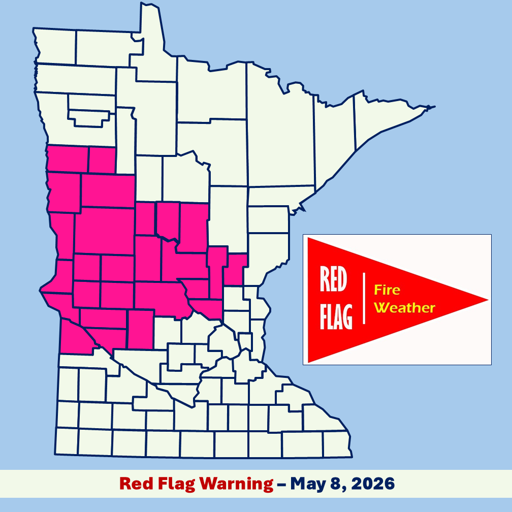 Infographic image of a Minnesota county boundary map with red flag warning area shaded pink and a red flag banner image with white and yellow text all set in front of a light blue background.