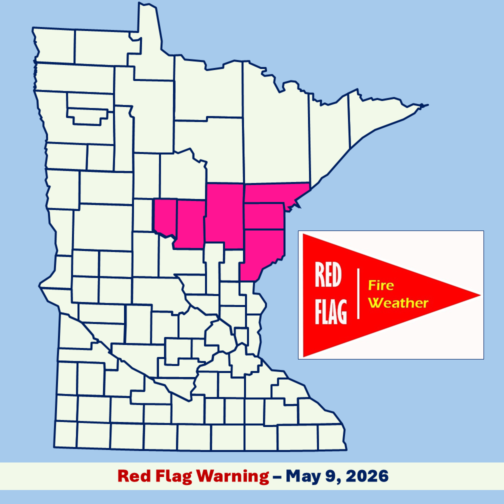 Infographic image of a Minnesota county boundary map with red flag warning area shaded pink and a red flag banner image with white and yellow text all set in front of a light blue background.