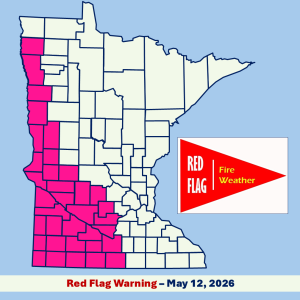 Infographic image of a Minnesota county boundary map with red flag warning area shaded pink and a red flag banner image with white and yellow text all set in front of a light blue background.