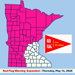 Infographic image of a Minnesota county boundary map with red flag warning area shaded pink and a red flag banner image with white and yellow text all set in front of a light blue background. 