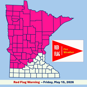 Infographic image of a Minnesota county boundary map with red flag warning area shaded pink and a red flag banner image with white and yellow text all set in front of a light blue background.