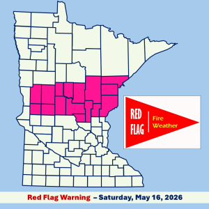 Infographic image of a Minnesota county boundary map with red flag warning area shaded pink and a red flag banner image with white and yellow text all set in front of a light blue background.