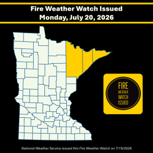 Infographic image of a Minnesota county boundary map with fire weather watch area shaded yellow and yellow fire weather watch issued image all set in front of a black background.