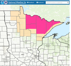 National weather service county boundary map of Minnesota with red flag warning area shaded pink.