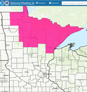 National weather service county boundary map of Minnesota with red flag waring area shaded pink.