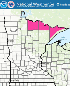 National weather service county boundary map of Minnesota with red flag waring area shaded pink.