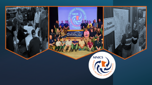 Infographic with a collage of three photos of people working in a team and incident management environment and the MNICS logo set against a dark blue background. 